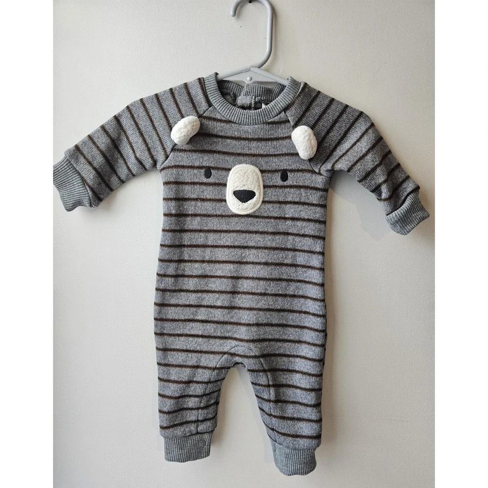 Just One You by Carter's Baby Bear‎ Romper 3M Gray Brown Striped Cozy